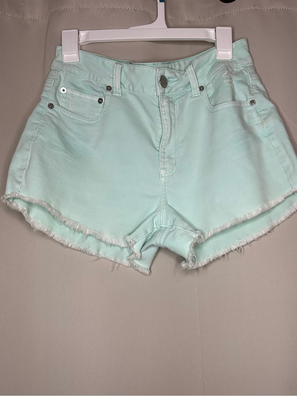 Frayed Light Mint Denim Shorts